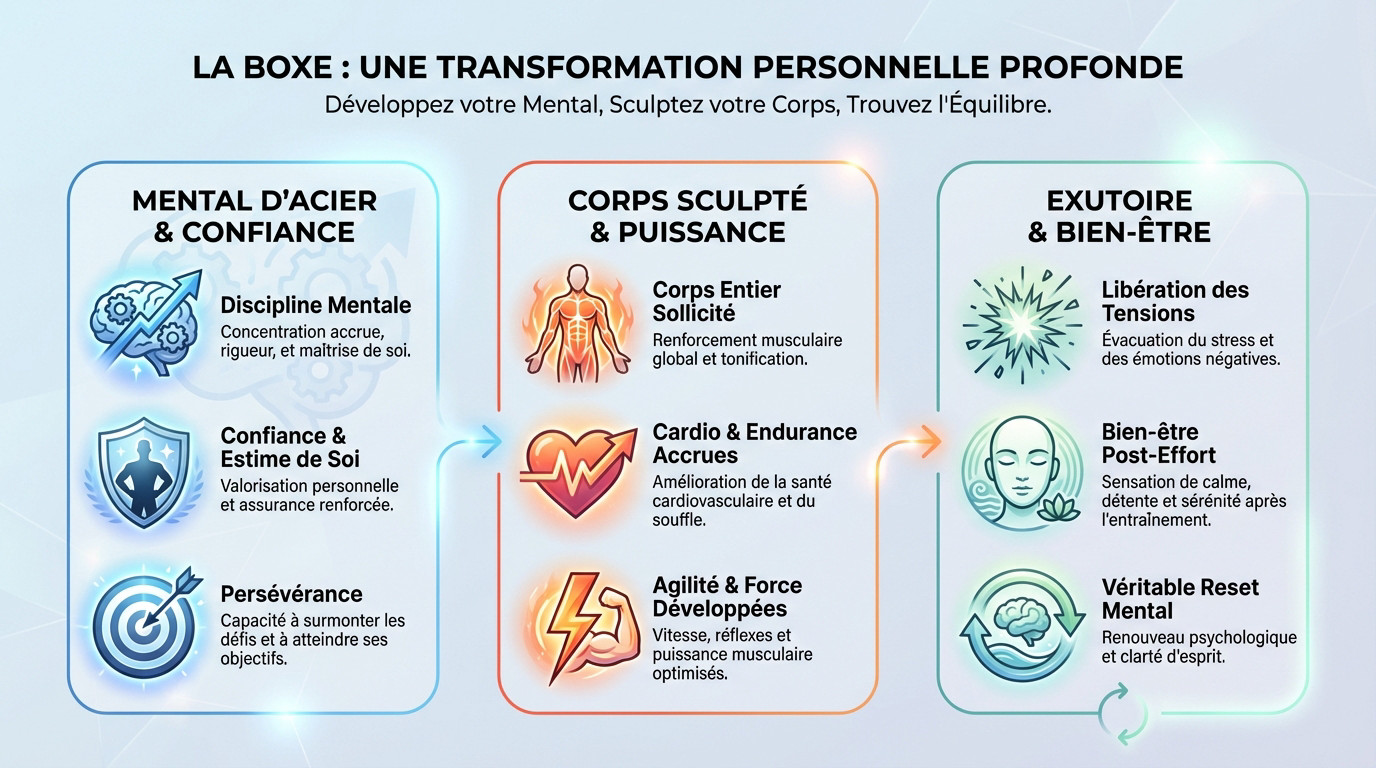 Femme en tenue de sport frappant dans un sac de boxe, illustrant la transformation personnelle et physique