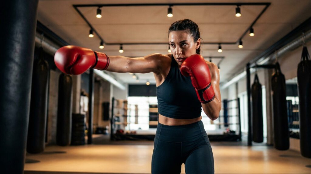 strength and focus female boxer in action