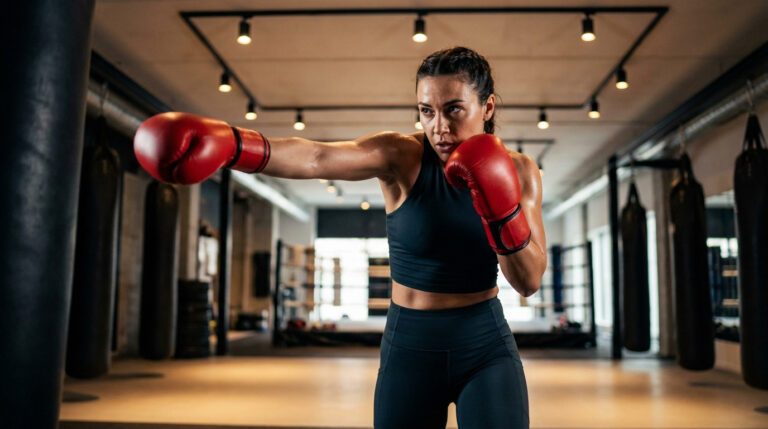 strength and focus female boxer in action